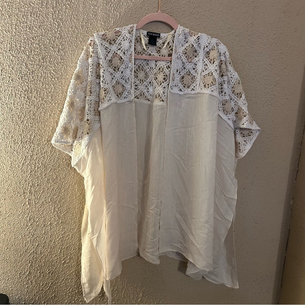 Steve Madden Kimono Cover Up Shirt One Size Beige Crochet Beach Blouse Top